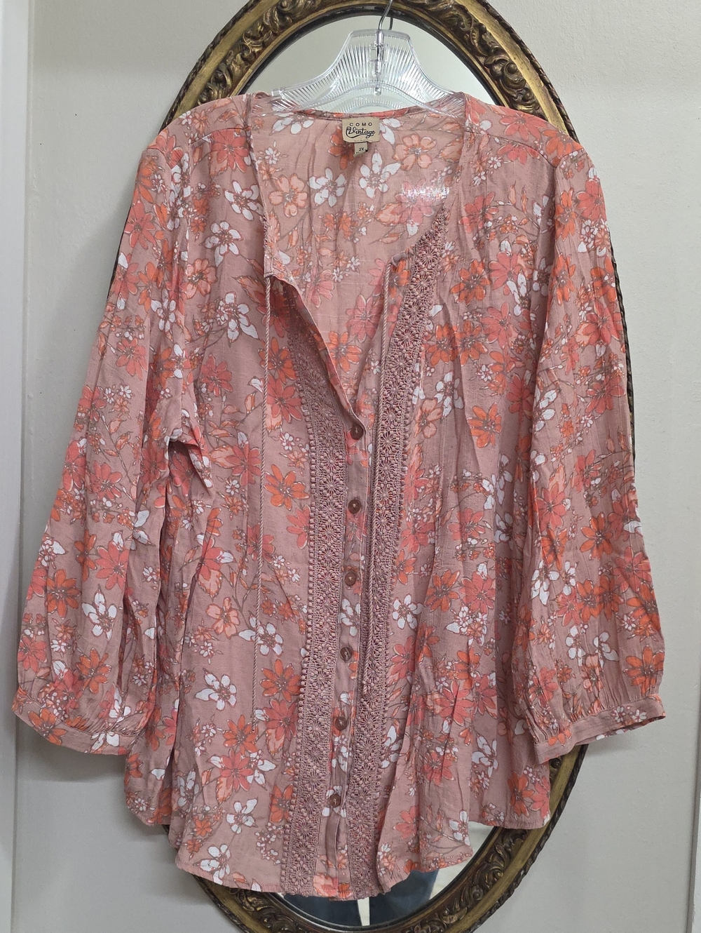Como Vintage Peach & White Floral Crochet-Trim Blouse Size 2X Loose Boho